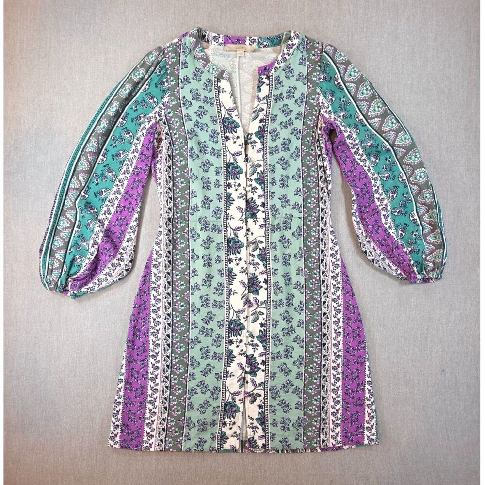 LOFT Petite 00P Floral Paisley Tunic Top Long Sleeve Purple Teal Button Front
